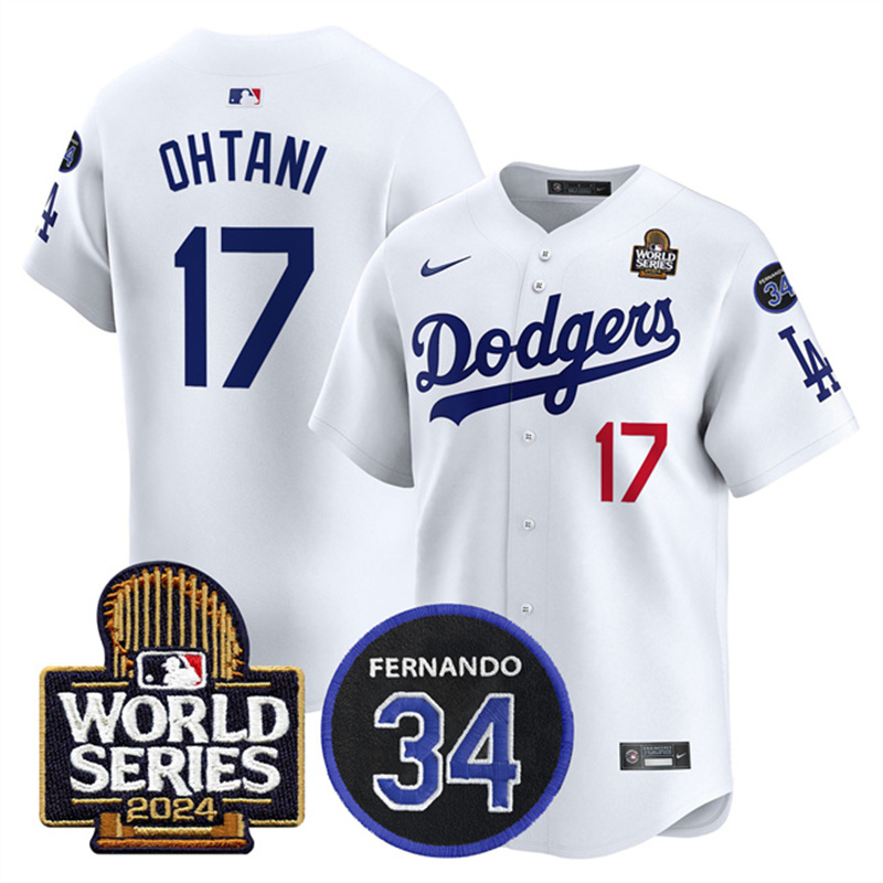 Men's Los Angeles Dodgers #17 Shohei Ohtani White 2024 World Series With Fernando Memorial Patch Limited Stitched Baseball Jersey Men's Los Angeles Dodgers #17 Shohei Ohtani White 2024 World Series With Fernando Memorial Patch Limited Stitched Baseball Jersey